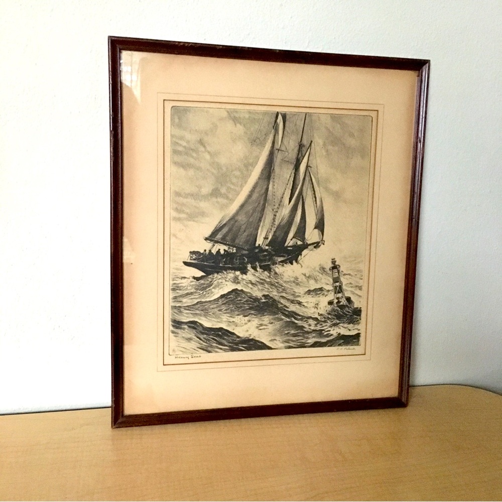 Vintage 40s RH Palenske Heavy Seas Drawing Print Framed 1970s | Nautical